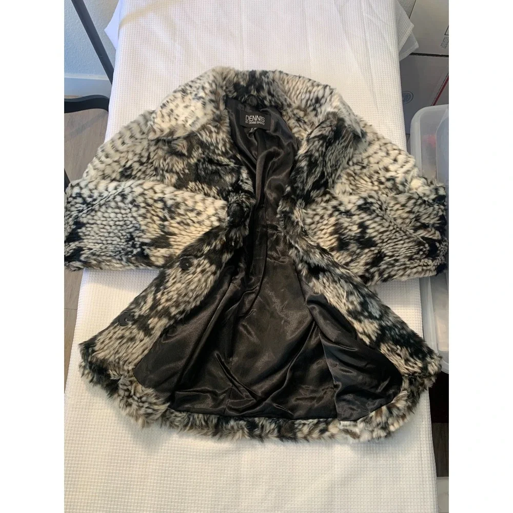 (F-174) Dennis Basso Faux Fur Coat QVC Women XXS Black White Leopard Jacket‎ New
